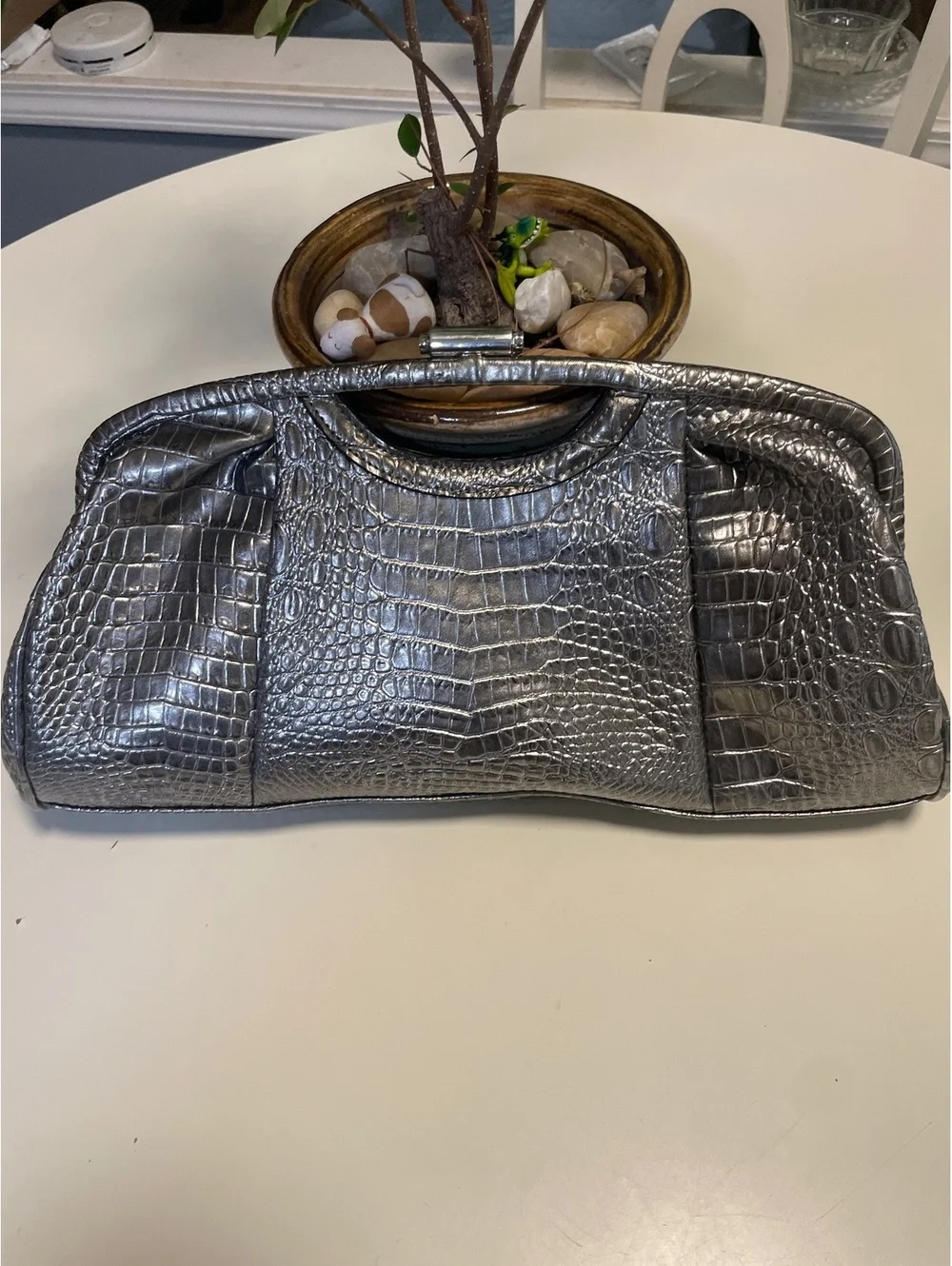 Gun metal silver embossed clutch